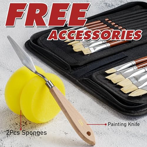 DUGATO Paint Brush Set 15pc with Pop-Up Case, Palette Knife & Sponges - color: White
