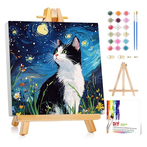 Framed Paint by Numbers Kit for Adults Beginner & Kids Ages 8-12 Cat Adult Paint by Number Kits on Canvas with Easel Starry Night Painting by Numbers for Adults with Frame DIY Painting Kits 8x8 Inch - color: NZB23b, size: 8x8 Inch