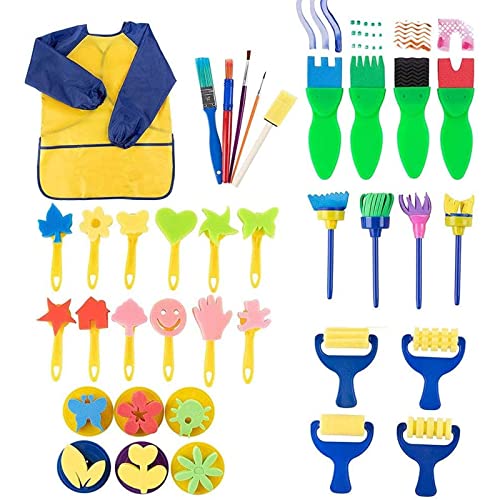 Paint Brush Art Kit for Kids - 36-Piece, Transparent Foam - Foam Brushes, Rollers & Stamps Painting Set with Apron for Crafts & Art Supply