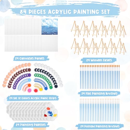 Qilery 24 Set 6 x 6 Inch Canvas Boards and Easel for Painting, Acrylic Paint Strips, Palettes, Brushes, Canvases Painting Kits for Kids Adults Artists Beginners Oil Acrylic Painting Party Favors - size: 6" X 6"