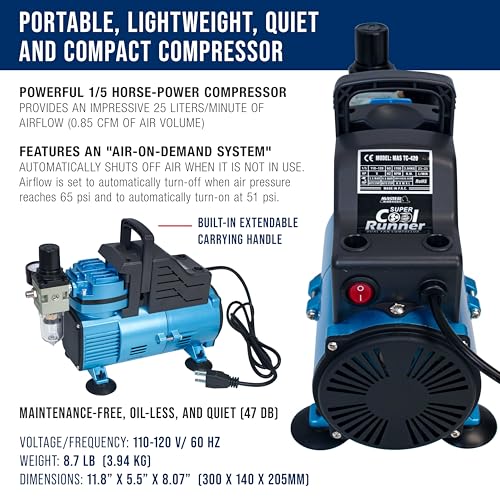 Master Airbrush 1/5 HP Cool Runner Dual Fan Air Compressor Kit Model TC-420 - Professional Single-Piston with 2 Cooling Fans, Longer Running Time without Overheating, Regulator Water Trap Holder - style: Super Cool Runner