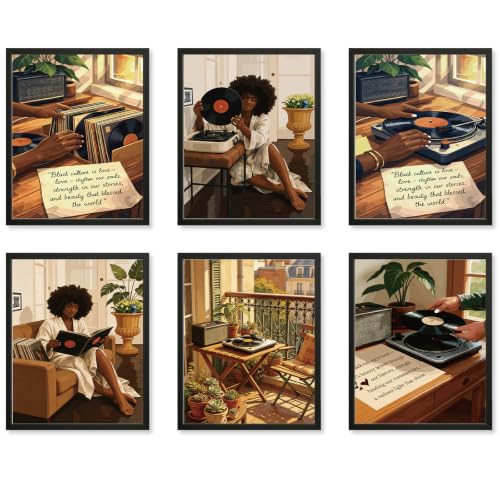Dazoratix Black Women Poster Decor 6 Pcs African American Girl | Wall Art Prints, Modern Music Record Player, Aesthetic Painting Pictures, Bedroom Living Room Home Office, Unframed - color: Black Women