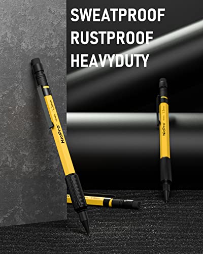 Nicpro 21PCS 1.3 mm Mechanical Pencil Set in Leathercase with 138 Lead | 3 Eraser, Eraser Refills- Weatherproof Metal Barrel, Heavy Duty Carpenter Pencil for Outdoor Marking Drawing Woodworking - color: Yellow
