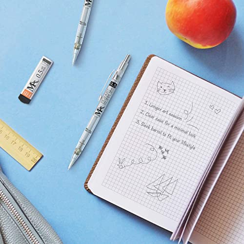 MozArt Mechanical Pencil Set 4 Sizes 0.3 0.5 0.7 0.9mm HB Lead Clear | 30 HB Lead & Eraser Refills – Sketch, Drafting, Art & Drawing for Artists, Students & Architects – Clear Transparent Body - color: Clear