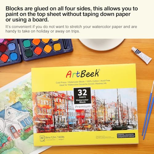 ArtBeek Watercolor Paper Block, 7" x 10" Watercolor Block 32 Sheets 100% Cotton Cold Press 140lb/300GSM - size: 7X10 Cold Press