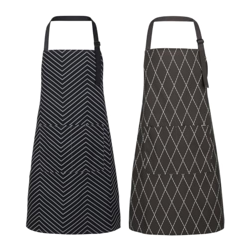 2 Pack Waterproof Kitchen Apron, Striped Bib Apron with 2 Pockets | Lightweight Polyester, Ideal for Cooking, Baking, BBQ, Dishwashing, Gardening, Cafe Work - color: Dark Grey Chevron/Grey Diamond Grid