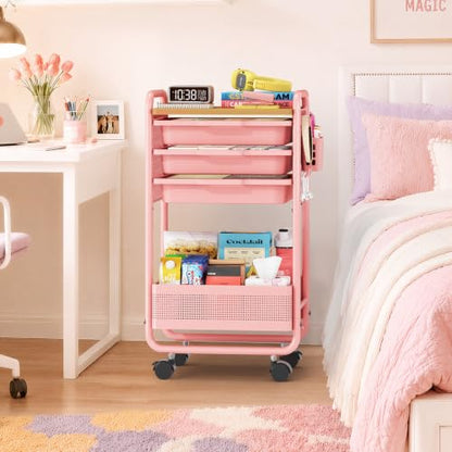 KINGRACK 3 Tier Rolling Cart with Drawer, Metal Utility Storage Cart, Pink | 3 Drawers, Pegboard & Wood Tabletop, Lockable Wheels, 4 Hooks & 1 Bin, for Living Room,Bedroom,Craft Room,Office,Kids Room - color: Pink