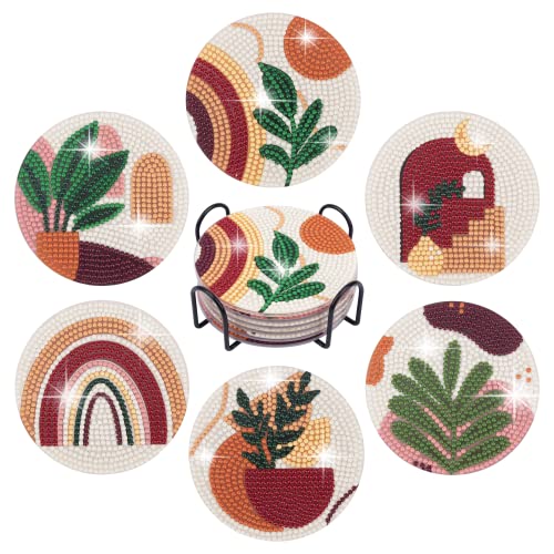 Temlum 6pcs Diamond Art Coasters Kits for Adults with Holder, Plants - color: Plants Coasters With Holder