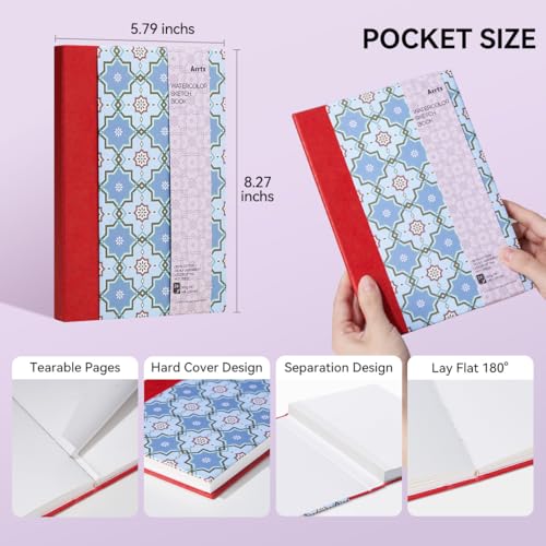 Arrtx Watercolor Sketchbook, 8.27x5.79 Hot Press | 140LB/300GSM, 100% Cotton, Hardcover, 24 Sheets. Ideal Travel Notebook for Artists, Adults, and Students - size: 8.27x5.79''