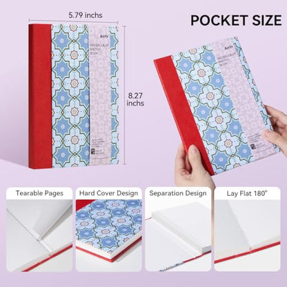 Arrtx Watercolor Sketchbook, 8.27x5.79 Hot Press | 140LB/300GSM, 100% Cotton, Hardcover, 24 Sheets. Ideal Travel Notebook for Artists, Adults, and Students - size: 8.27x5.79''