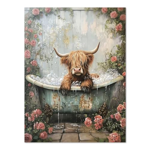 WULINHUAFA Highland Cow Diamond Painting Kits for Adults 12x16 inch | Cow Diamond Art Kits for Beginner, Bathroom 5D Full Round Drill Gem Art Painting Kits for Home Wall Decor - color: COW