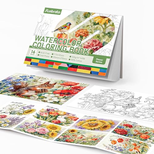 FLUNBRATO Watercolor Coloring Book with Reference Booklet,16 Sheets 10.6 x 7.7 inch 100% Cotton Cold Press,Beginner Friendly Stress Relief Watercolor Paper Book for Adult-Flower - color: Flower