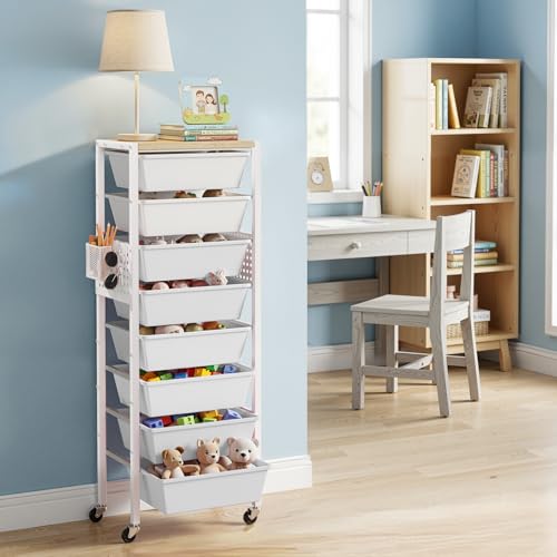Rolling Cart with Drawers, Rolling Storage Cart with 8 Large Plastic Drawers & Wooden Tabletop, Utility Cart with Pegboards & Basket, Storage Drawers Cart for Living Room, Classroom, Bedroom, Office - color: White, size: 8 Drawers