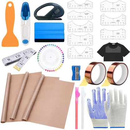 XEUZK Sublimation Shirts Tool Kits with 8 T Shirt rulers, 3Pack Teflon Sheet for Heat Press 12 x 16in, Heat Resistant Gloves with Silicone Bumps, 2 Rolls Heat Resistant Tape, 2Pcs Sublimation Pencil - color: White