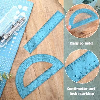Zonon 3 Pcs 6" Clear Plastic Ruler 6 Inch Protractor Compass Set, Blue - color: Blue, size: 6 Inch