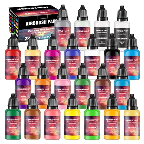 Airbrush Paint - 22 Colors Airbrush Paint Set with 2 Tinner, Plastic & Wood Acrylic Air Brush Paint Kit Ready to Spray, Water-Based for Artists Beginners Hobbyist, 0.67 Fl Oz/20ml - color: 22 colors+2 thinner