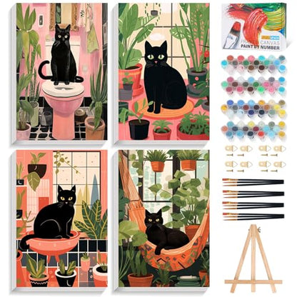 4 Pack Framed Paint by Numbers Kit for Adults Black Cat with Wooden Easel - color: FOP4P-10