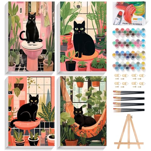 4 Pack Framed Paint by Numbers Kit for Adults Black Cat with Wooden Easel - color: FOP4P-10