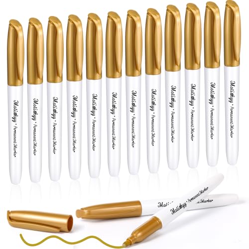 Motiskyy 12 Pcs Metallic Permanent Markers Fine Point, Gold | Paint Pens for DIY Crafts, Gift Card Making, Artist Illustration, Scrapbook Projects, Metallic Finish, Quick-drying Ink - color: Gold