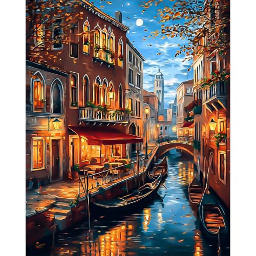 NXIKYO Venice Paint by Number for Adults Beginners, Stream Landscape Adults Paint by Numbers Kits on Canvas, DIY Oil Painting Acrylic Paints for Home Wall Art Decor(16x20inch) - color: yellow#YH024