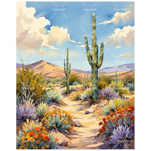Landscape Paint by Numbers Kit for Adults - DIY Desert Trail with Cactus and Wildflowers Painting on Canvas 16x20 Inches, Acrylic Paint Set, Suitable for Beginners, Art for Home Decoration or Gifts - color: HSX00486, size: 16X20IN Folded