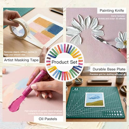 rubens 57 PCS Soft Oil Pastels Kit for Beginner Drawing | 24 Colors Soft Oil Pastels in Box with Palette Knife, Base Board, Tape, 30 Sheets Oil Pastel Paper - color: 24 Colors Set