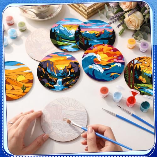 Reallnaive 8 Pcs Mountain Paint by Numbers Kit for Adults Wooden Coasters - style: Mountains