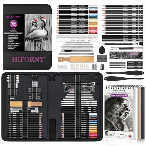 HIFORNY 76 PCS Drawing Set Sketching Kit,Sketch Pencils Art Supplies with Graphite,Charcoal,Blending Tools & Accessories,Portable Zippered Travel Case for Artists & Beginners