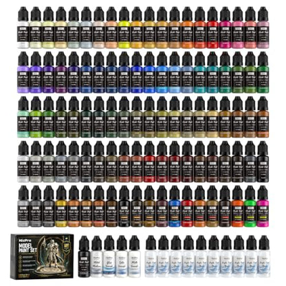 Nicpro 100 Colors Acrylic Model Paint Set 20ml Ready to Use Modeling Paints | with 10 Thinners & 5 Specialty Bottles, Matte Metallic Wash Neon Effects Miniature Paint Kit for Models & Dioramas - style: 100 Colors Set