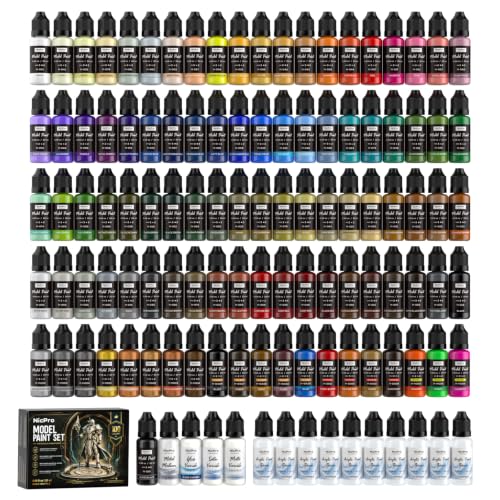 Nicpro 100 Colors Acrylic Model Paint Set 20ml Ready to Use Modeling Paints | with 10 Thinners & 5 Specialty Bottles, Matte Metallic Wash Neon Effects Miniature Paint Kit for Models & Dioramas - style: 100 Colors Set