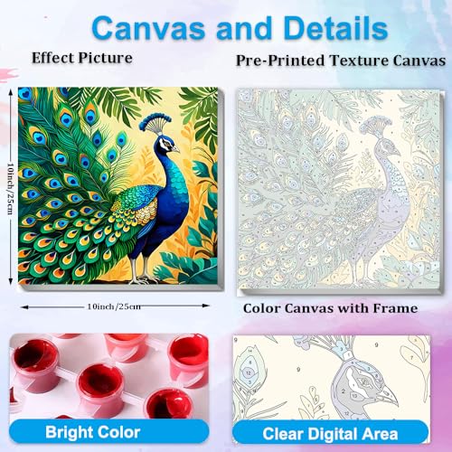 Artunion Framed Paint by Numbers Kit for Adults Beginners & Kids Ages 8-12,Colorful Peacock Paint by Number with Frame,Bird Animals Paint by Numbers Kit on Canvas 10 * 10 Inch Without Easel - color: ZXT-323-F