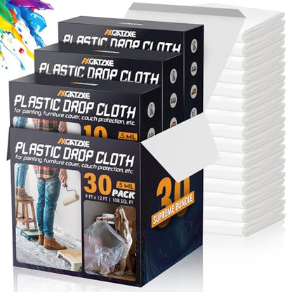 Axgatoxe 12 x 9 Ft Plastic Drop Cloths for Painting (30-Pack) | Plastic Painter's Sheeting & Tarps for Painting Supplies, Waterproof & Dust-proof Furniture/Couch/Floor Protection Cover - size: 30-Pack