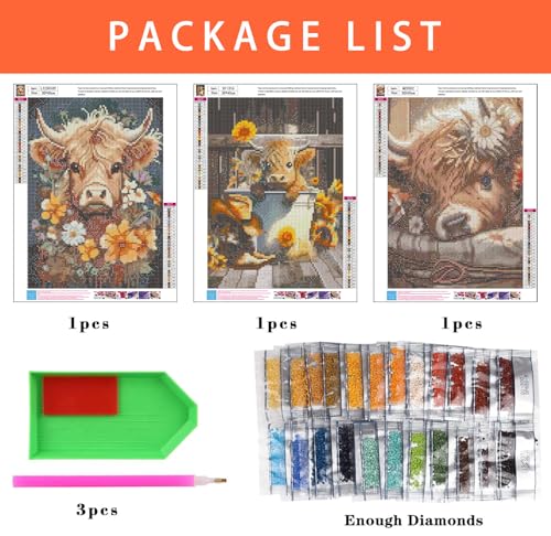 Axquilon 3 Pack Highland Cow Diamond Art Kits for Adults 12x16inch | Diamond Painting Kits for Adults, 5D Round Full Drill Cow Gem Art, Paint by Diamonds Pictures DIY Crafts Kits - color: 3 Pack Highland Cow