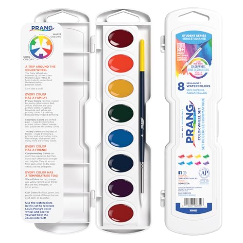 Prang Semi-Moist Watercolors 8-Color Oval Pan Set, Pack of 1 | Color Wheel Assortment, Refillable, Wax-Free Pigments, Size 6 Paint Brush Included - size: 1 Count (Pack of 1)