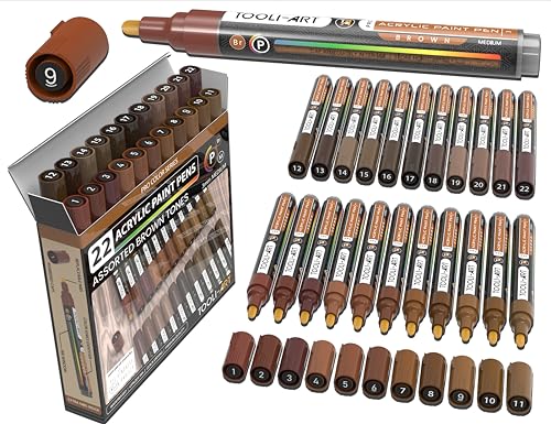 TOOLI-ART 22 Acrylic Paint Markers Paint Pens Pro Color Series Set 3mm Medium Tip for Rock Painting, Glass, Mugs, Wood, Metal, Glass Paint, Canvas, DIY. Non Toxic, Waterbased, Quick Drying (BROWN) - color: BROWN