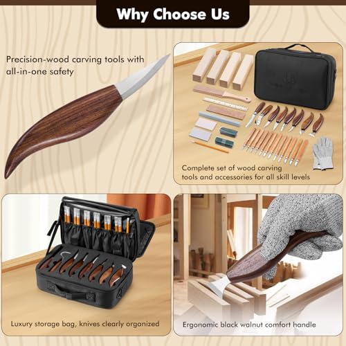 Wood Carving Kit Deluxe, 35-in-1 Whittling Kit for Beginners, With 8PCS Whittling Knives & 12PCS Detail Wood Carving Knives, Black Walnut Wood Handle, Wood Carving Kit for Beginners and Enthusiasts