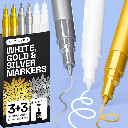 ARTISTRO 6 Gold & Silver & White Acrylic Paint Pens – 0.7mm Extra Fine Tip Paint Pens for Crafts, Rock Painting, Greeting Cards, Ornament Decor, DIY Art - color: Gold&White&Silver