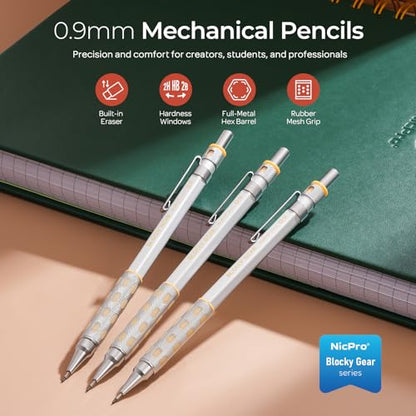 Nicpro Blocky Gear 0.9 mm Mechanical Pencils Set in Case, 3 Pack | Metal Pencil 8 Tube with Lead Refills 0.9mm (HB 2B), 3 Erasers for Professional & Adult Art Writing Drafting Drawing - style: 0.9mm