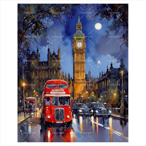 London Cityscape Paint by Numbers Kit for Adults - DIY Big Ben and Double-Decker Bus Painting on Canvas 16x20In, Frameless Acrylic Paint Set, Suitable for Beginners, Art for Home Decoration or Gifts - color: cyy016-A