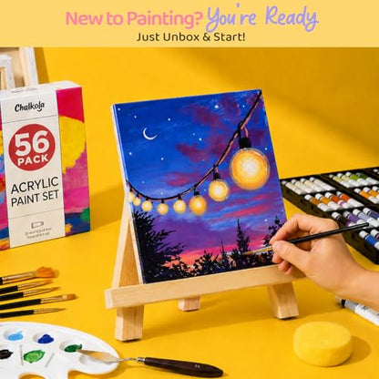 Chalkola Acrylic Paint Set for Adults & Kids - 56 Pcs Canvas Painting Kit with 32 Paints (22ml), 10 Brushes, 10 Canvases, Tabletop Easel, Palette, Knife - Professional Craft & Art Painting Supplies | 32 Acrylic Paints (22ml), 10 Brushes, 10 Canvases, Tabl