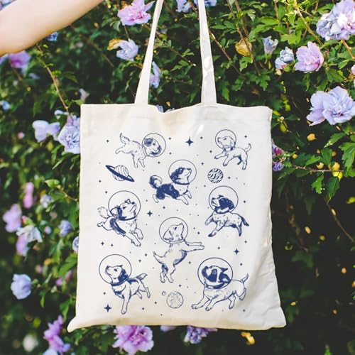 Canvas Aesthetic Tote Bag for Women with Inner Pocket Totes Shoulder Book Bag Shopping Reusable Grocery Bags - color: Dogs in Space
