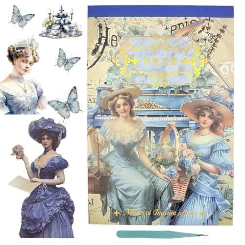 AZY Journaling Stickers Kit Seasonal & Vintage Paper Stickers for Bullet Journal, Scrapbook & DIY Collage, Easy Peel Stickers with Tweezers for Art Journaling - color: Blue