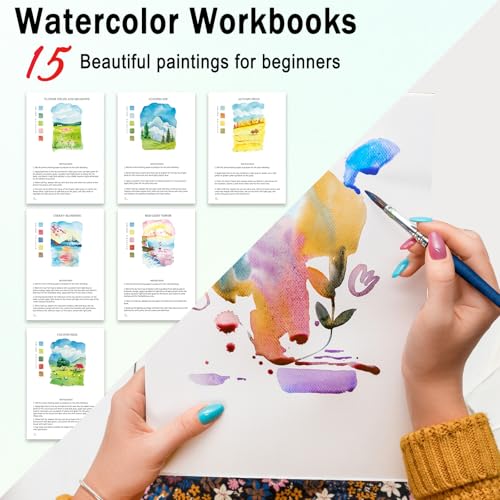 Watercolor Workbooks for Adults Beginners & Teens, 16 Colors 15 Beautiful Paintings, Pre-Outlined Designs, Easy Watercolor Art Book（Scenery） - color: Scenery, size: with palette