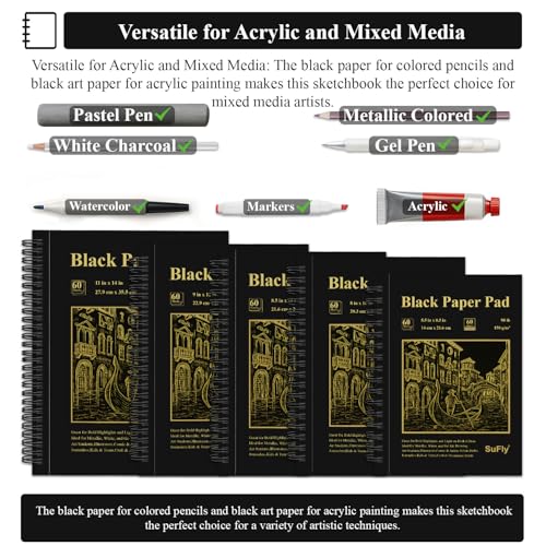 SuFly Black Paper Notebook, 60 Sheets Spiral Bound Sketch Book 9x12, 90lb/150gsm Black Art Paper for Drawing and Painting. - color: Black, size: 9-x-12-inch:1 Pack