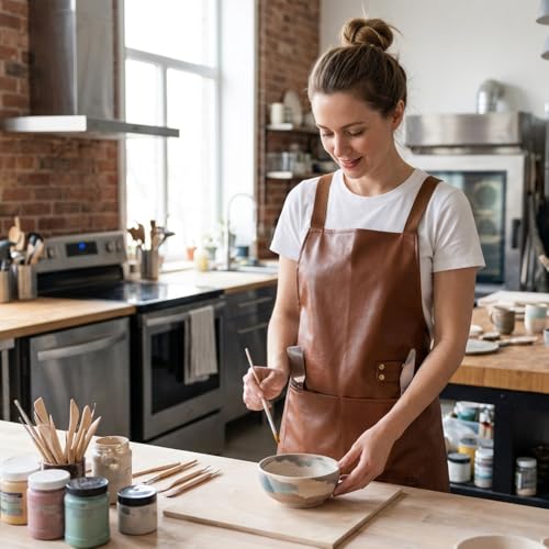 Waterproof Apron Large Pocket PU Material Waterproof Oil-proof Dust-proof Apron Black and Red - color: Brown（long）
