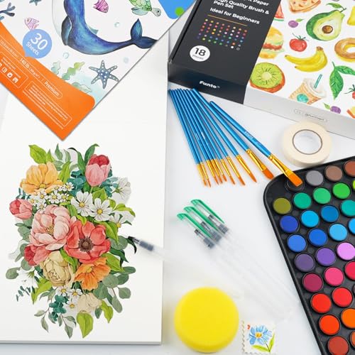 Funto Watercolor Set, 48 Color Paint Set, 10 Brushes, 30 Page Pad(9"x12"), 4 Refillable Pens & More, Painting Kit for Kids, Adults, Beginners - style: 48 Kids Set