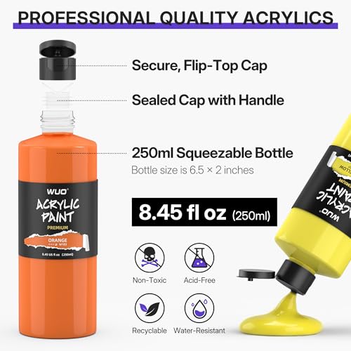 WUO 18 Colors Acrylic Paint Set, 250ml/8.45oz Professional Acrylic Paint | Large Bulk Rich Pigment Non-Toxic Multi-Surface Art Supplies for Artists Beginners Adults on Canvas Wood Rock Ceramic Crafts - color: 18 Colors