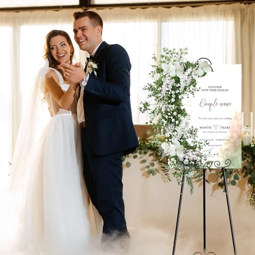 2 Pack 46'' Metal Round Tube Scroll Display Easel, Classic Black Decorative Large Adjustable Floor Standing Easel with Chain Support, Perfect for Showcasing Pictures, Artwork, Wedding Sign Etc