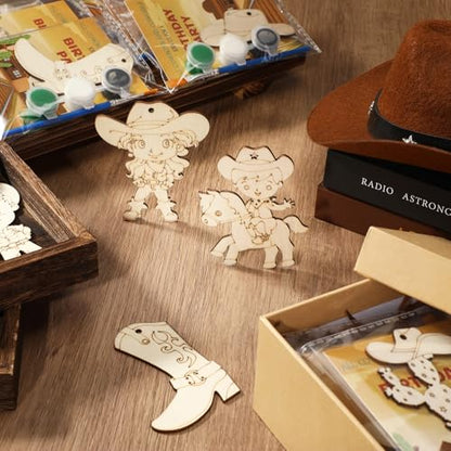 Saypacck 24 Pcs Cowboy Party Favors Wooden Paint Craft Kits | Rodeo Birthday Supplies, Cowgirl Theme Crafts, Western Party Activity, Thank You Gifts, Organza Bags for Goodie Fillers - style: Western Cowboy