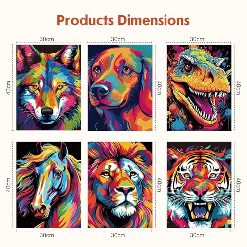 GHHKUD 6 Pack Colorful Animals Paint by Numbers Kits for Adults, DIY Painting by Numbers for Adults Wolf, Dog, Dinosaurs, etc, Easy Painting on Canvas Arts Gifts for Home Decor 20x30cm - color: Dinosaur